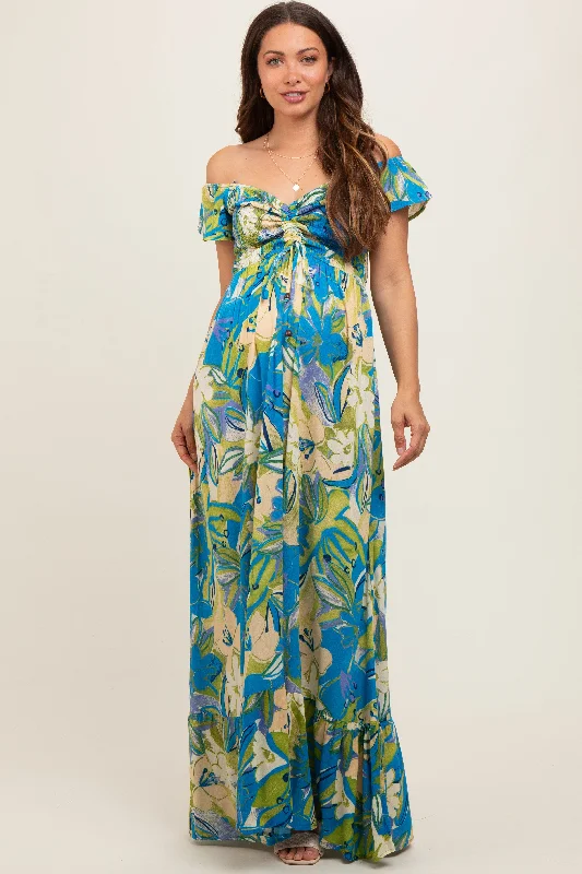 Blue Floral Smocked Off Shoulder Maternity Maxi Dress Velvet maxi dresses