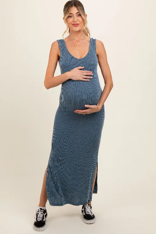 Blue Ribbed Side Slit Maternity Maxi Dress Wrap maxi dresses