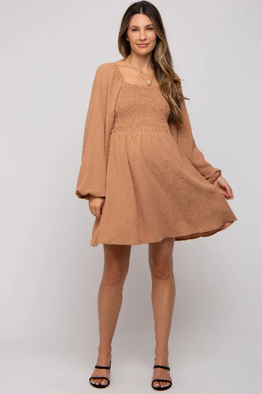 Camel Tie Back Smocked Long Sleeve Maternity Dress Graduation maxi dresses