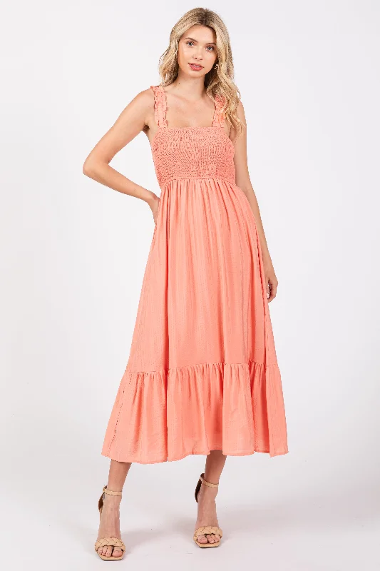 Coral Smocked Bodice Maxi Dress Halter maxi dresses