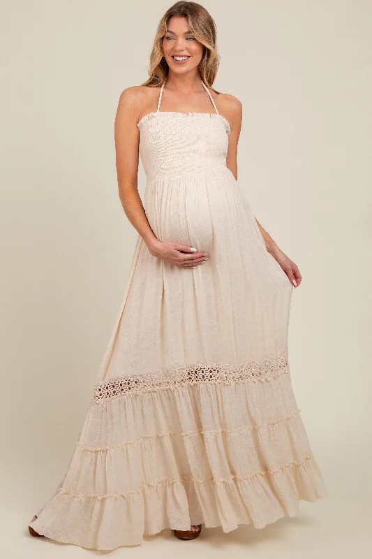 Cream Smocked Open Back Maternity Maxi Dress Casual maxi dresses