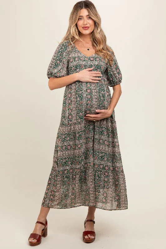 Forest Green V-Neck 3/4 Sleeve Maternity Maxi Dress Winter maxi dresses