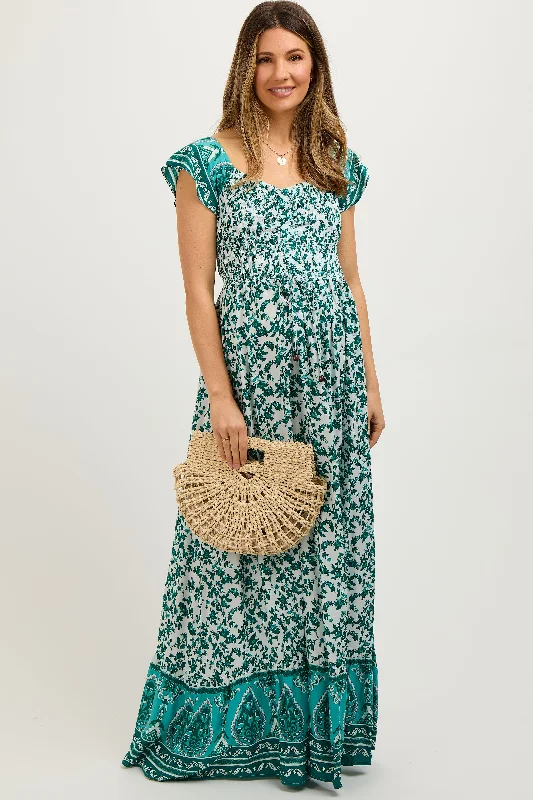 Green Floral Off Shoulder Smocked Maternity Maxi Dress Corset maxi dresses