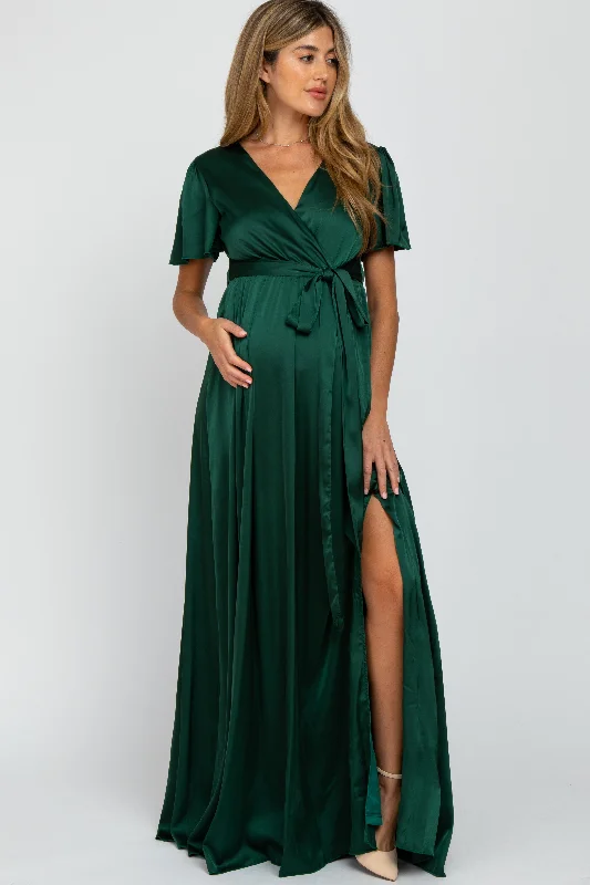 Green Side Slit Satin Maternity Maxi Dress Sequin maxi dresses