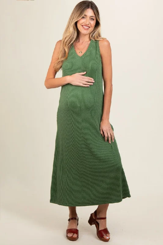 Green Sleeveless Ribbed Maternity Maxi Dress Y2K maxi dresses