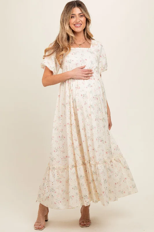 Ivory Floral Eyelet Puff Sleeve Maternity Maxi Dress Best maxi dresses for plus size