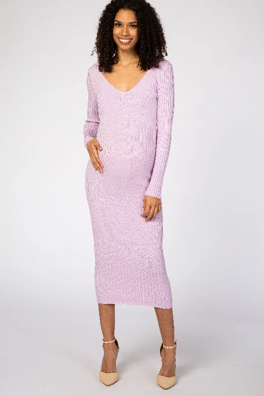 Lavender V-Neck Long Sleeve Fitted Maternity Maxi Dress Bodycon maxi dresses