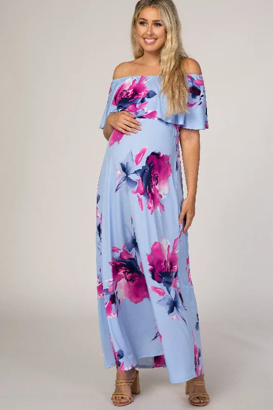 Light Blue Floral Off Shoulder Maternity Maxi Dress Affordable maxi dresses