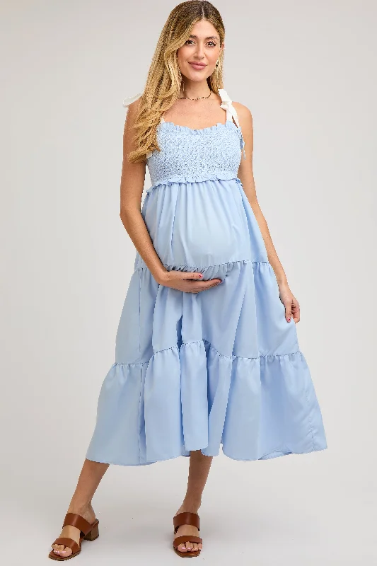 Light Blue Sleeveless Tiered Colorblock Strap Maternity Maxi Dress Boohoo maxi dresses