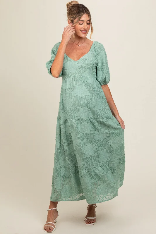 Light Olive Embroidered Leaf Print Striped Maternity Maxi Dress Flattering maxi dresses for all body types