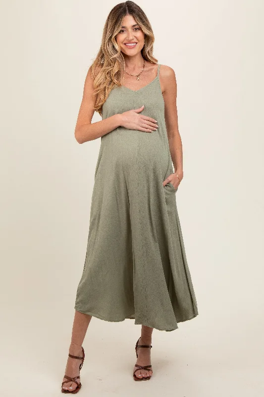 Light Olive Lightweight Sleeveless V-Neck Maternity Maxi Dress Fall maxi dresses