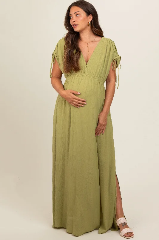 Light Olive V-Neck Drawstring Short Sleeve Side Slit Maternity Maxi Dress Boho maxi dresses