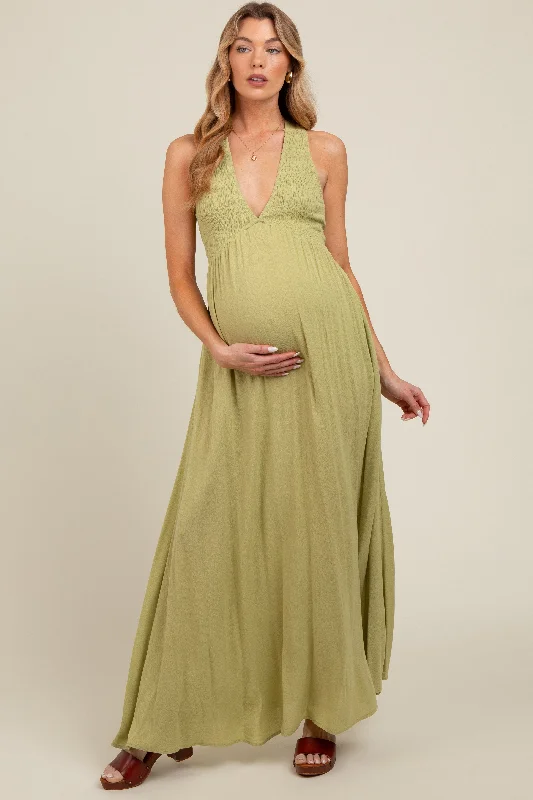 Lime Deep V-Neck Cross Back Maternity Maxi Dress Date night maxi dresses