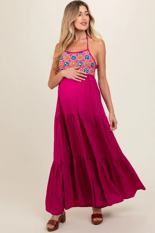 Magenta Crochet Cutout Halter Maternity Maxi Dress A-line maxi dresses