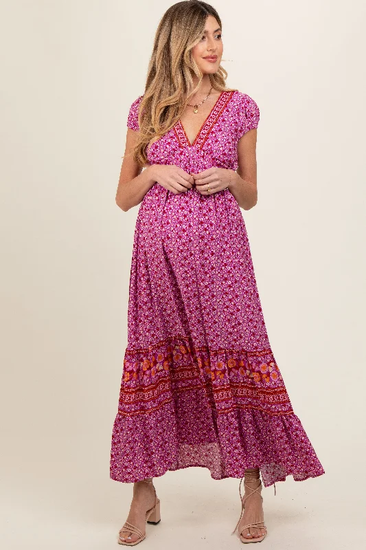 Magenta Floral Border Print Ruffle Maternity Maxi Dress Glamorous maxi dresses