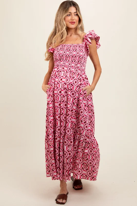 Magenta Floral Smocked Flutter Cap Sleeve Maternity Maxi Dress Must-have maxi dresses for this season