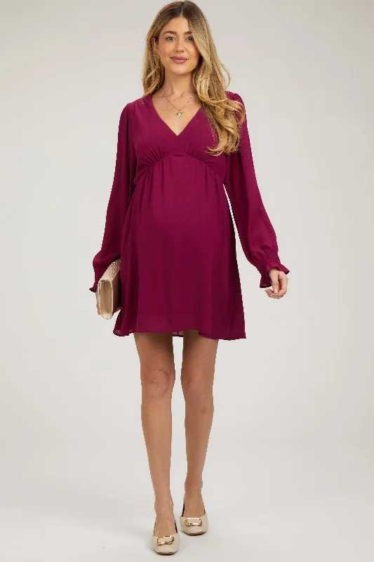 Magenta V-Neck Long Sleeve Maternity Dress Women's maxi dresses