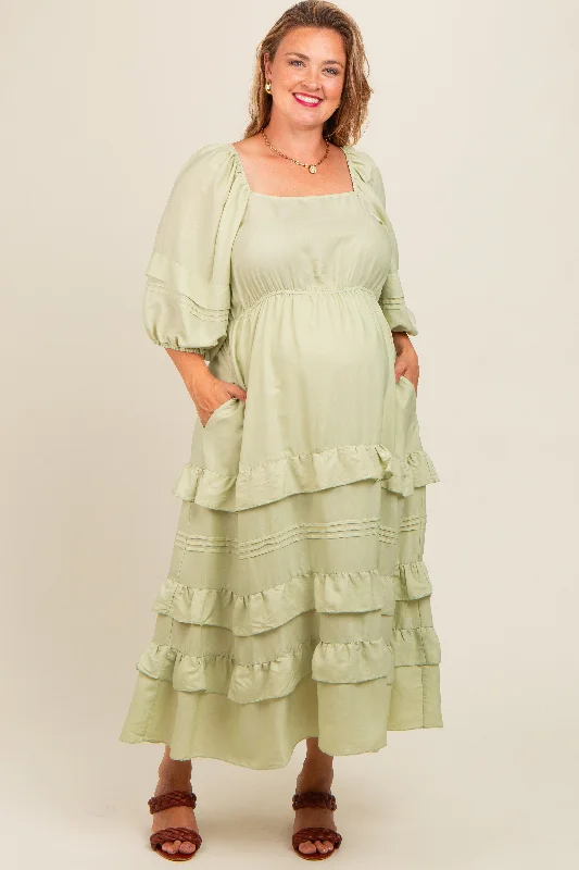 Mint Green Square Neck Ruffle Tiered Maternity Plus Maxi Dress Cute floral print maxi dresses