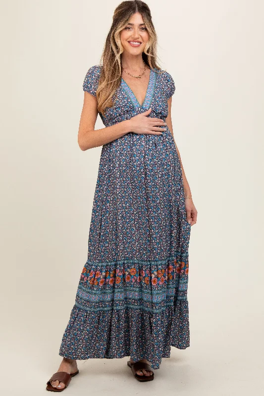 Navy Blue Border Print Ruffle Maternity Maxi Dress Tiered maxi dresses