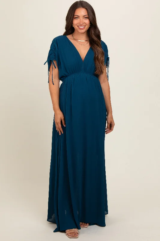 Navy Blue V-Neck Drawstring Short Sleeve Side Slit Maternity Maxi Dress Street style maxi dresses