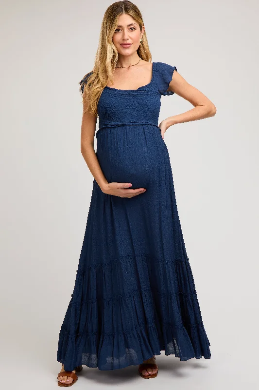 Navy Smocked Crossover Off Shoulder Maternity Maxi Dress Stretchy maxi dresses