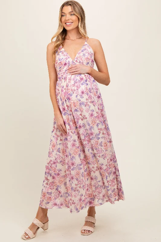 Pink Floral Mesh Sleeveless Maternity Maxi Dress Prom maxi dresses