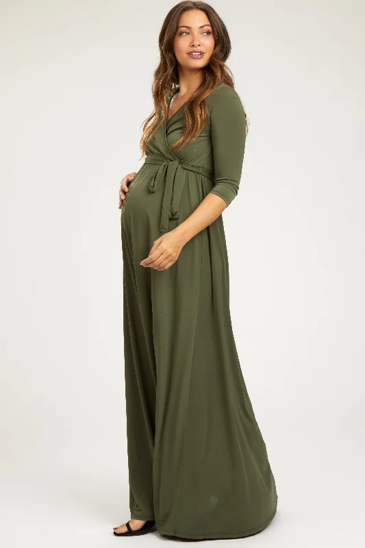 PinkBlush Olive Green Draped 3/4 Sleeve Maternity Maxi Dress Budget-friendly maxi dresses