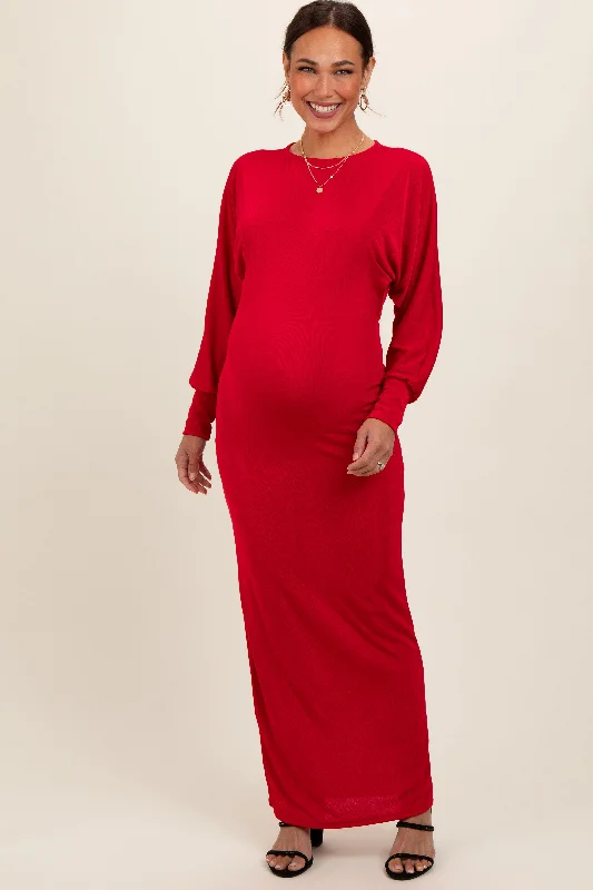 Red Long Sleeve Open Back Maternity Maxi Dress Clubbing maxi dresses