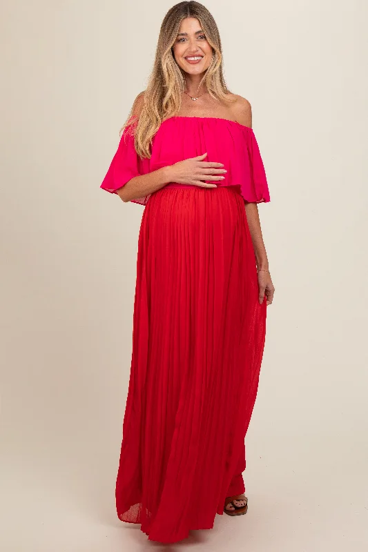 Red Pleated Off Shoulder Colorblock Maternity Maxi Dress Long sleeve maxi dresses