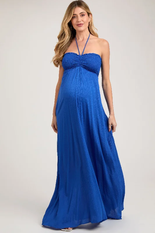 Royal Blue Smocked Halter Maternity Maxi Dress Best maxi dresses for formal events