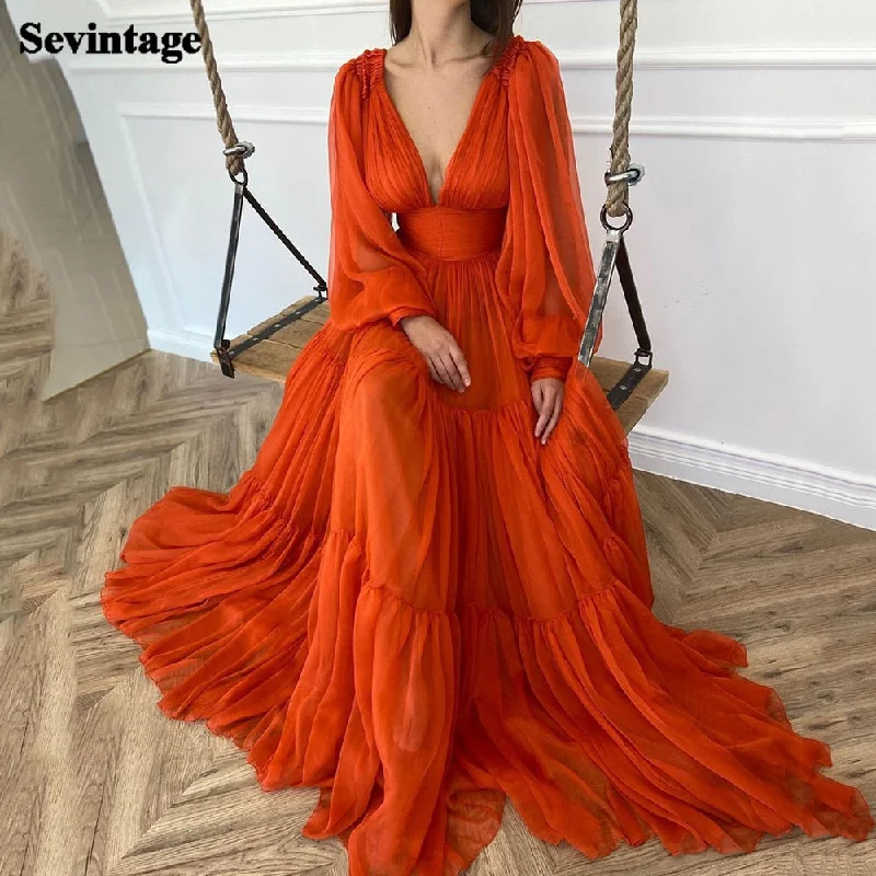 Sevintage Long Puff Sleeves Prom Dresses V-Neck Pleats Chiffon Princess Evening Gowns Best maxi dresses for summer vacation