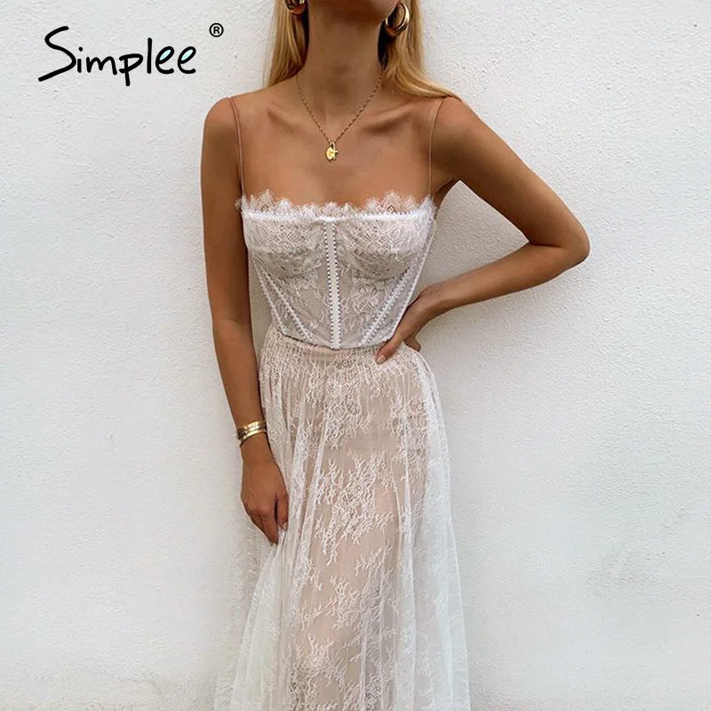 Simplee white lace summer women maxi dress spaghetti strap backless plus size dress Chiffon maxi dresses