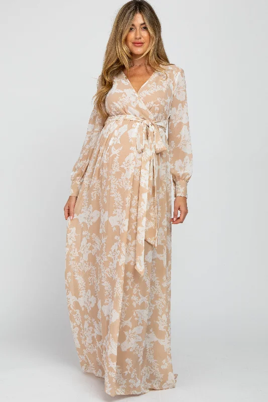 Taupe Floral Chiffon Maternity Maxi Dress Cocktail maxi dresses