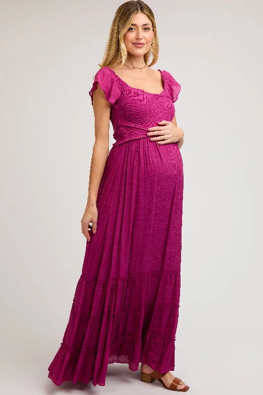 Violet Smocked Crossover Off Shoulder Maternity Maxi Dress Off-shoulder maxi dresses