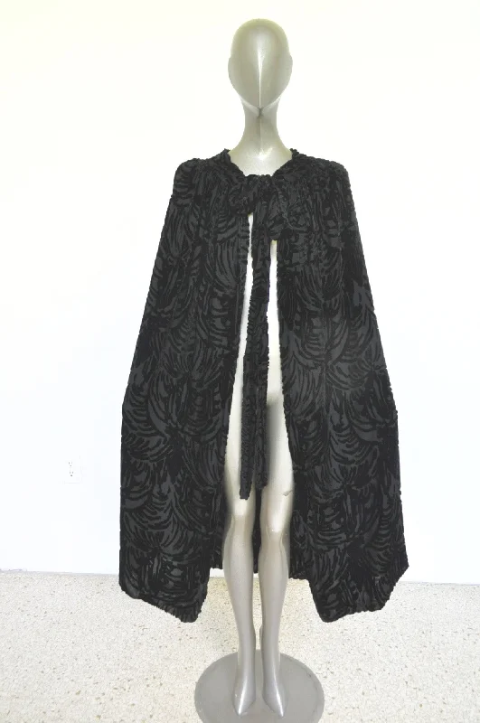 20s chiffon opera cape with panne velvet imprint geometrical deco embroidery. Outdoor floral dresses