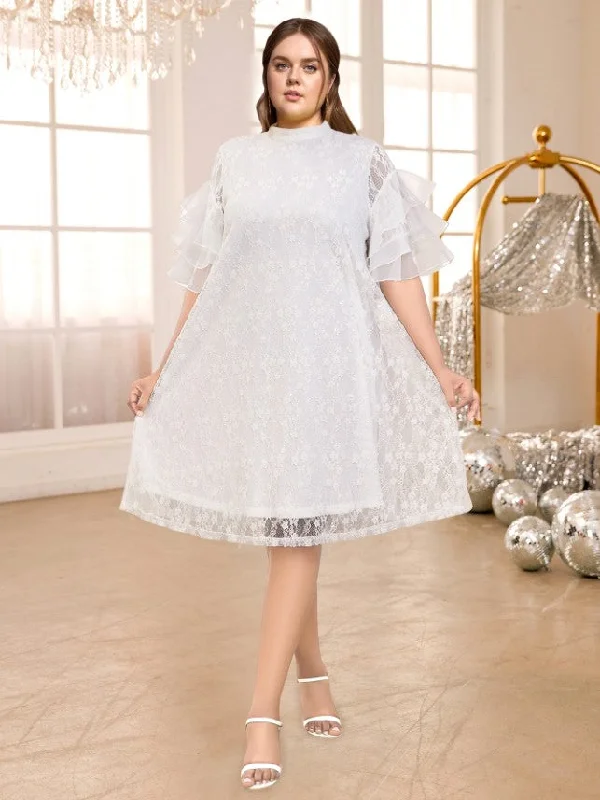 AOMEIDRESS White Floral Lace Loose Dress Half High Collar Ruffles Chiffon floral dresses