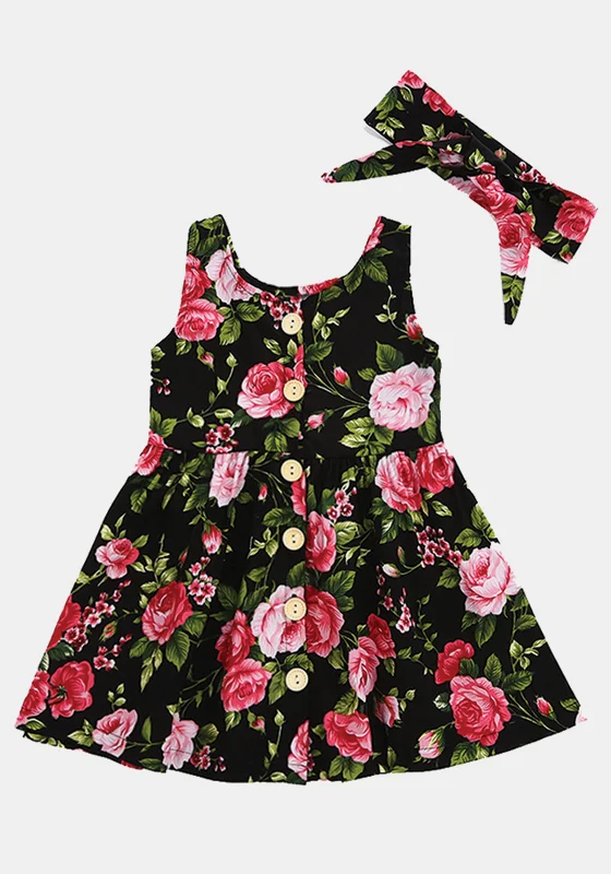 Floral Pattern Dress With Bowknot Headband Garden party floral dresses