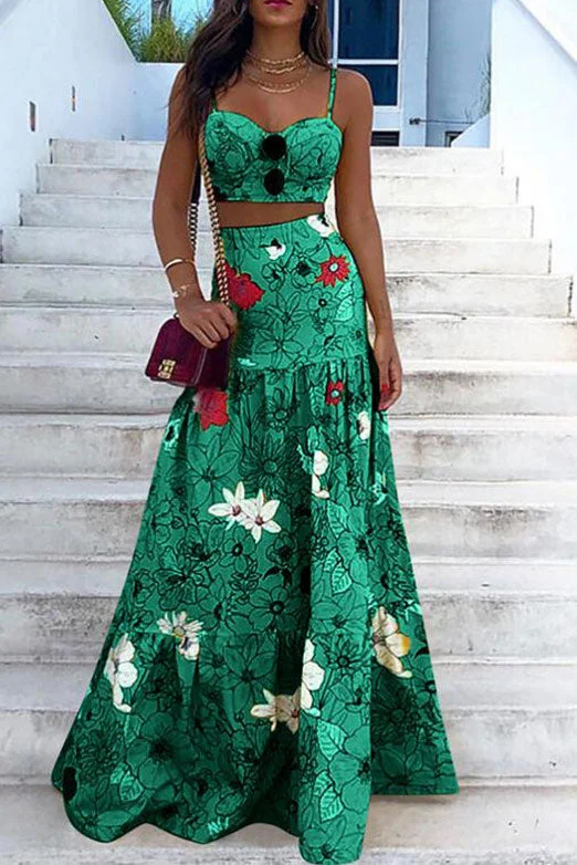 Chic Green Print Sleeveless Two Piece Dresses Floral dresses under $100