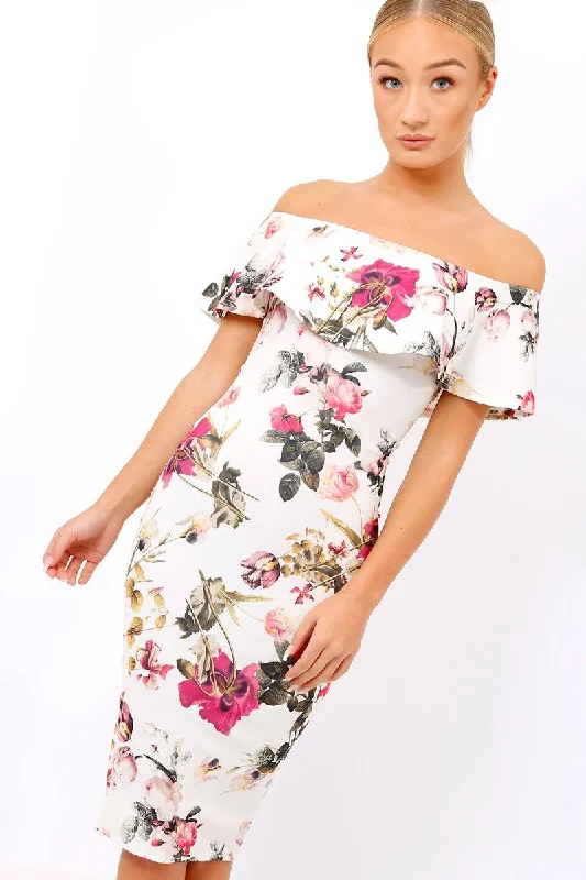 Cream Floral Bodycon Bardot Dress - Luanne Tiered floral dresses