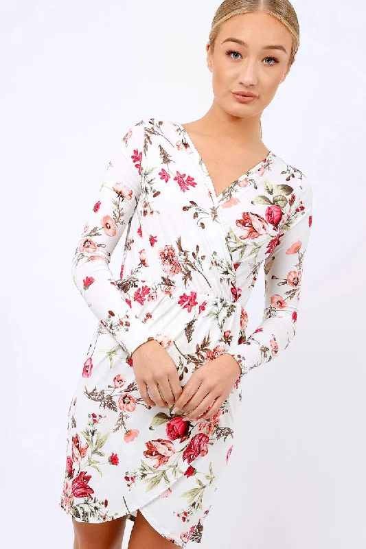 Cream Floral Long Sleeved Dress - Delanie Smocked floral dresses