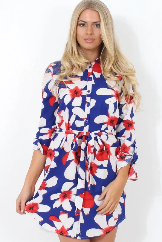 Fraul Blue And White Floral Print Shirt Dress Wedding guest floral dresses