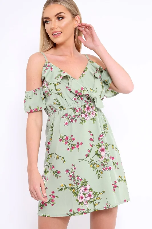 Green Floral Print Cold Shoulder Dress - Olyvia Flattering floral dresses for all body types