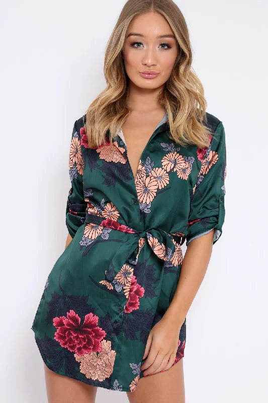 Green Floral Satin Shirt Tie Dress - Sophina Versatile floral dresses for all occasions