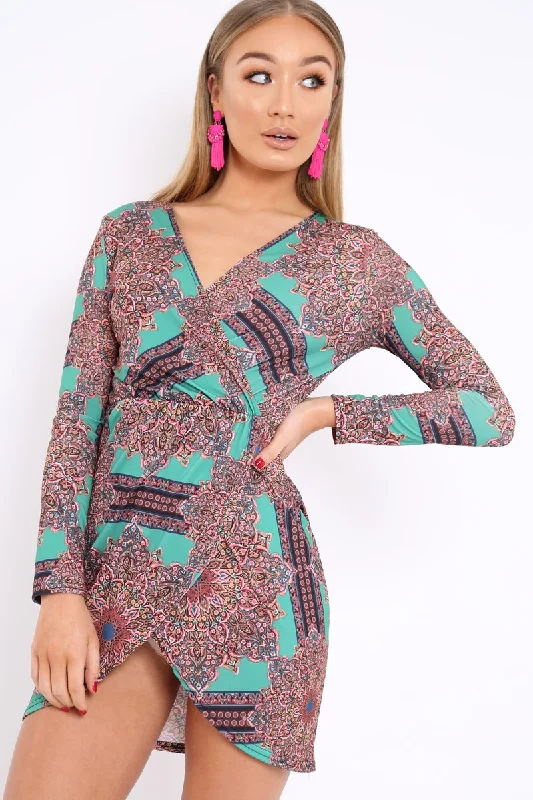 Green Paisley Print Slinky Wrap Dress - Denise Comfortable floral dresses for everyday wear