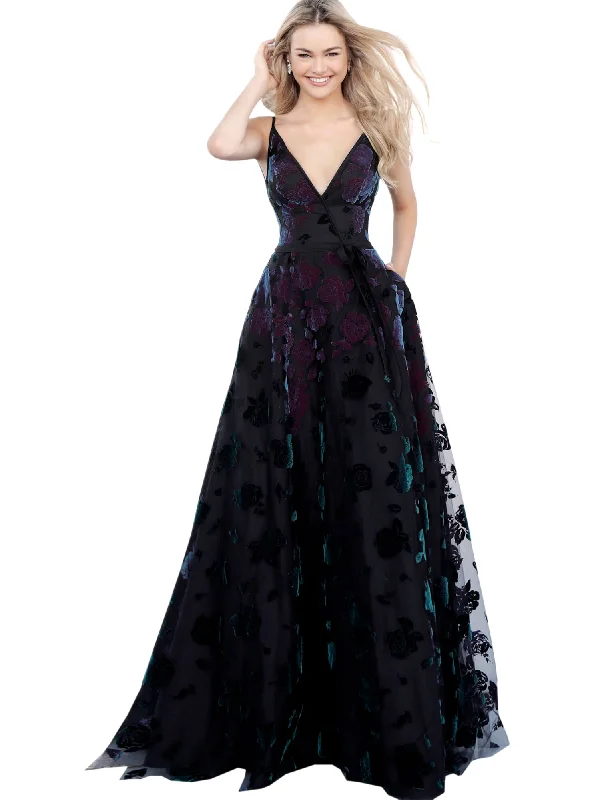 Jovani Black Multi Spaghetti Straps V Neck Floral Prom Dress Luxury floral dresses