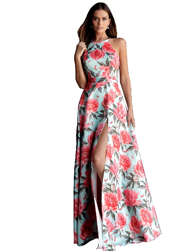 Jovani Tiffany Print Criss Cross Back Satin Prom Dress Cheap floral dresses