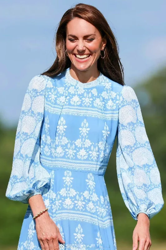 Kate Middleton Long Sleeve Blue Print Dress Mini floral dresses