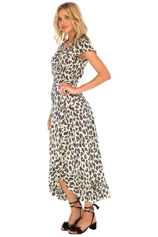 Leopard Print Long Wrap Dress with Cap Sleeves Long floral dresses