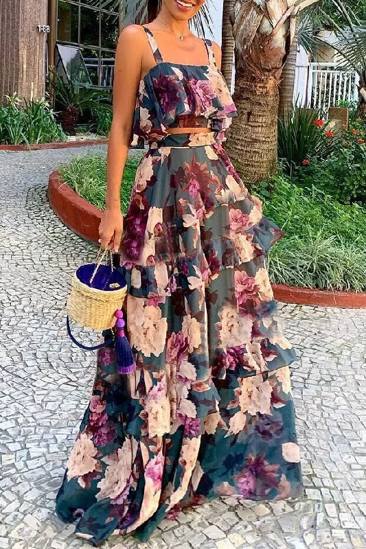 Print Sleeveless A-Line Two Piece Dress Floral dresses under $50