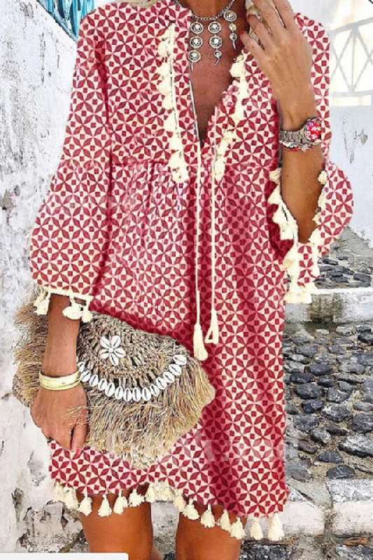 Red Print Tassel V-neck Petal Sleeve Dress Best floral dresses for outdoor weddings